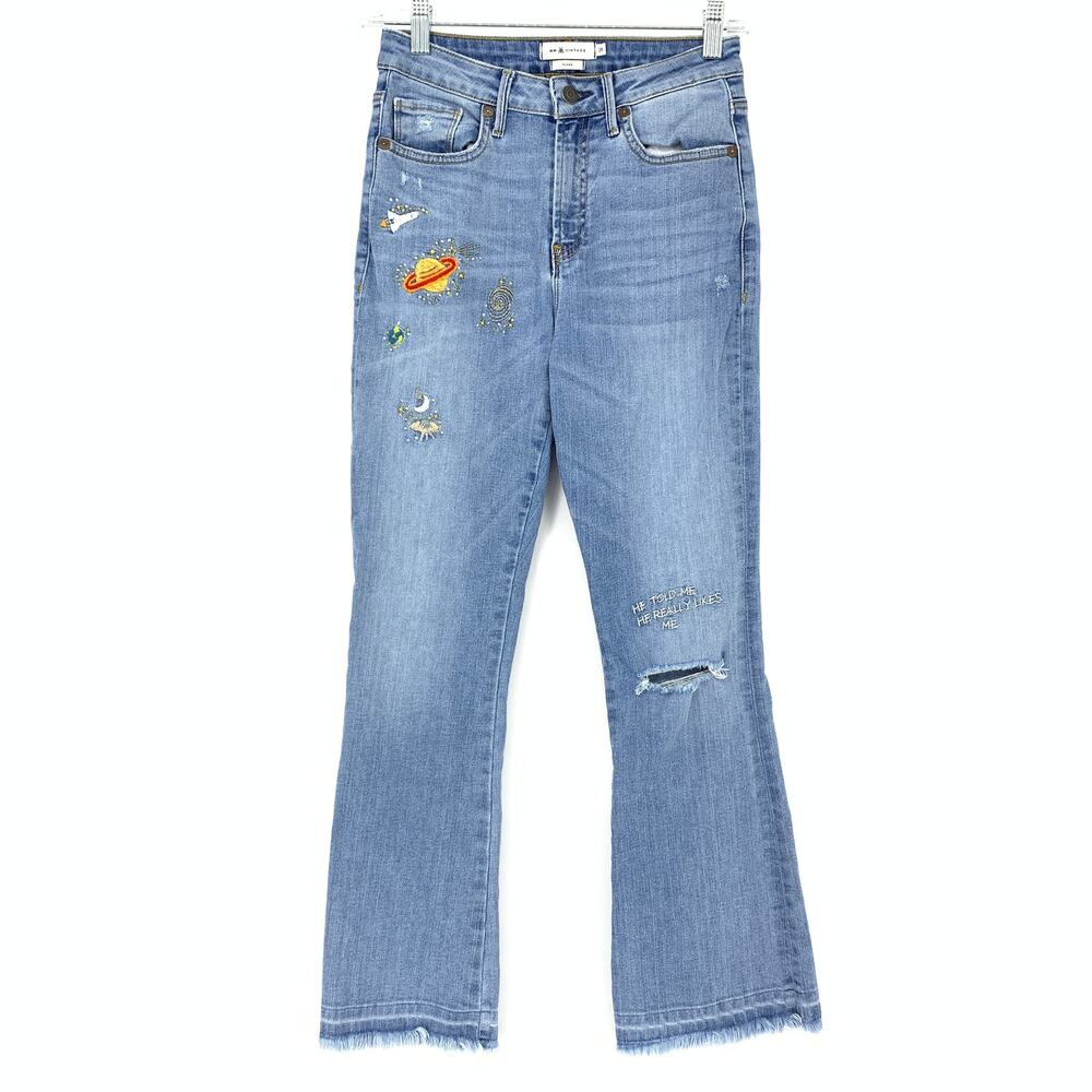 MM Vintage Jeans Women's Sz 26 Distressed Flare Crop Mid Rise Blue Five Pockets